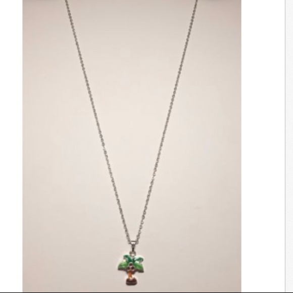 Palm Tree Necklace 19" Silver Plated Green Enamel Beach Island Coconut Tropical - Picture 4 of 9
